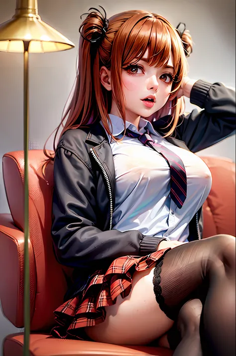 (Prominence in Masterpiece, Best Quality: 1.2), solo, 1 girl, Miku nakano, serious, mouth closed, looking at viewer, hand on face, sitting, legs crossed, collared shirt, tie up, skirt, stockings , big thighs, big breasts)