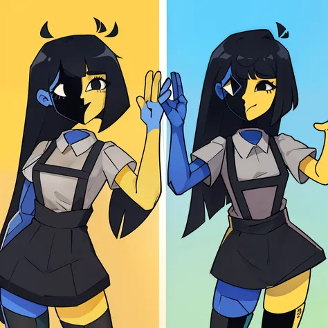 Ena (Joel G), 1girl, dual-colored body, (right side blue, left side yellow), long black hair with different length on either side, (right side of hair longer and straight, left side of hair resembles bob cut and covers left ear), two triangular ahoges, blu...