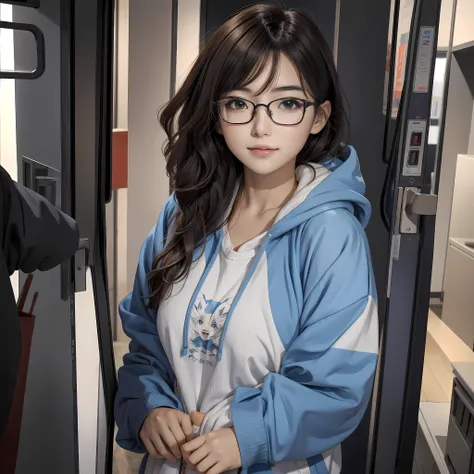 a closeup of an asian woman with glasses and a hoodie, anime sen no kiseki style, marin kitagawa fanart, em estilo anime, em est...