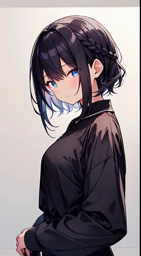 masutepiece, Best Quality,Illustration, Wallpaper, Ultra Detail, 1girl in,Solo,Beautiful detailed eyes,Very thick contour lines、Medium Short-Cut Hair、Short, Braided hair、(student clothes)、Dark hair color、a serene smile、Kamimei、Angle from which you can see ...