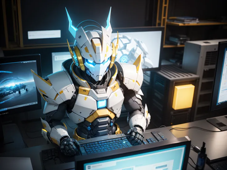 A white-yellow-and-blue armored robot with horns is operating a large-screen computer，