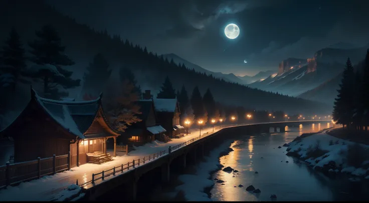 A painting of a river with stars and moon in the sky, concept art inspired by Tosa Mitsuoki, pixiv contest winner, best quality, fantasy art, beautiful anime scene, a bright moon, moonlit starry environment, dream painting, Anime Background Art, Fantasy La...