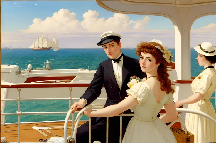 painting of a couple on a boat with a view of the ocean, albert lynch, on the deck of a ship, on the deck of a sailing ship, on the sea, by Antonio Ciseri, peder severin kroyer, by Edmund Leighton, by Paul Gustav Fischer, on a yacht at sea, by Paul Gustave...