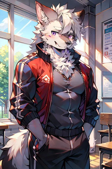 solo person，shaggy male，hairy bodies，shoun，coyote，canid，Gray fur，long  white hair，The ends of the hair are purple，Purple eye，Bullied，adolable，Handsome，large tail，full bodyesbian，school ground，at class room，Its a physical education teacher，track suit