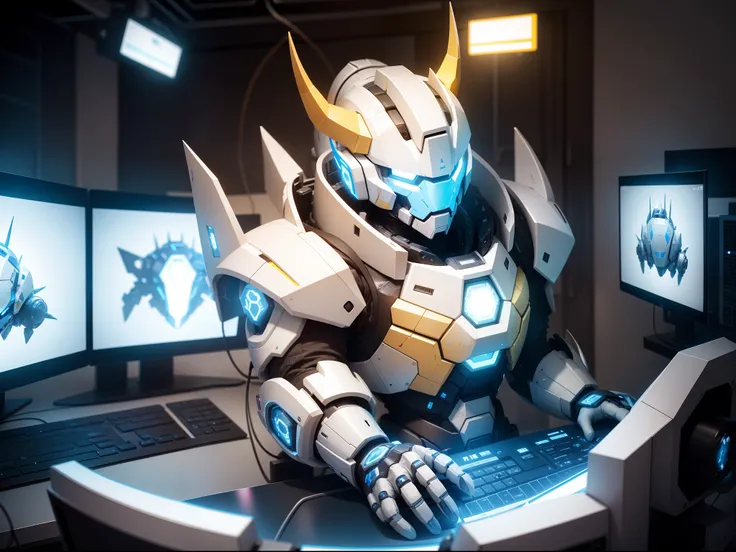 A white-yellow-and-blue armored robot with horns is operating a large-screen computer，