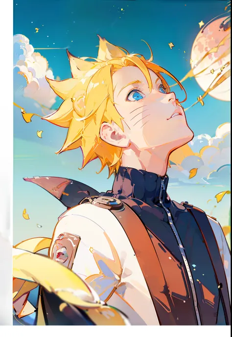 Uzumaki Naruto, 1boy, tmasterpiece, beste-Qualit, upper-body, portraite of a, looking a viewer, a closeup of a, white  shirt, Sun light, New illustration, blurry foreground, the anime, (Best Quality), Boy in a dynamic pose(((looking up at the sky))), (((St...