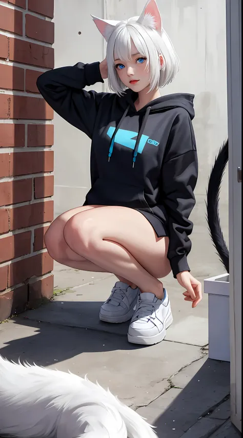 White-haired blue-eyed girl in cat-eared hoodie