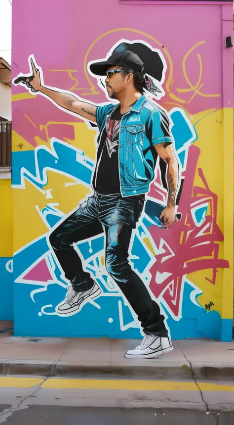 guttonerdvision10, Graffiti on the side of a tall building of a man wearing 80s style clothes and cap. Hes painted doing a street dance pose. strokes. Pintura volorida, detalhada. Graffiti By Mr. Brainwash. Visao aerea da cena, realista, 8k