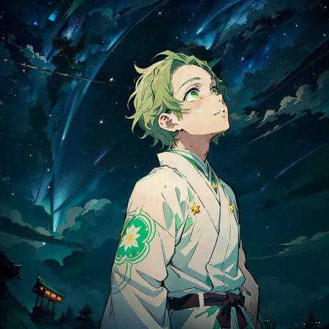 the anime, (Best Quality), ((1guy)), ((messy short dark blond hair)), ((vivid green eyes)), japanese clothes, white kimono, a waist belt, looks at the viewer, The Art of the Demon Slayer, demon slayer artstyle, kimetsu no yaiba, (((looking up at the sky)))...