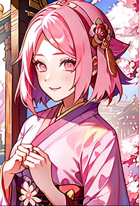 haruno sakura, naruto (series),A  girl, cherry blossoms, green colored eyes, smirk, hairsh, head band, hairlong, looking a viewer, rose hair,  little chest, ssmile, 独奏, (((portraite of a))), ((tmasterpiece)), (((pink kimono))), ((In the temple))