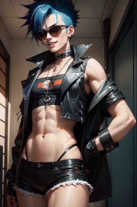 80s punk rock anime boy with midnight blue hair with two long strands in the front, wearing oversized orange round sunglasses, wearing black spiked choker, wearing black fishnet crop top, portrait, grinning, fangs, sharp teeth, 8k, high resolution