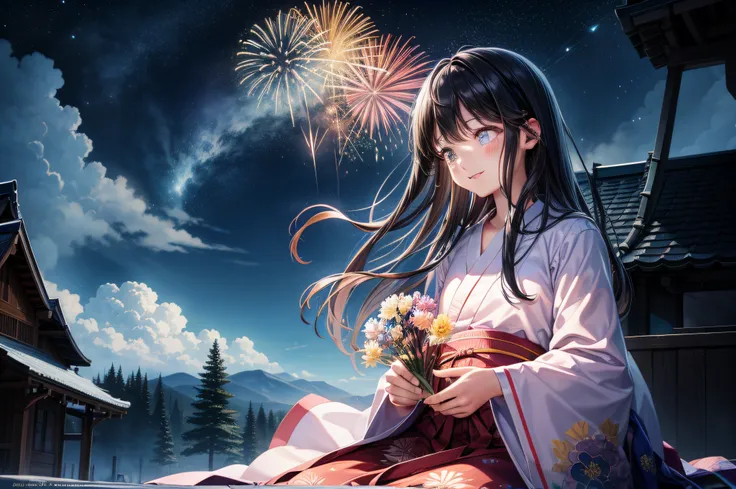 Lots of fireworks in the sky、​masterpiece、top-quality、超A high resolution、8K、sharp、skyrocket、femele、Only one person、profile、a smile、Beautie、outside of house、Person should be on the far right、only face、The person is small、Floral yukata、kirakira、natta、starrys...