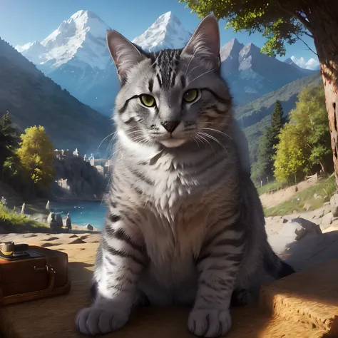 hay un gato sentado en una mesa con una maleta, ashfur de warrior cats, arte digital 4k altamente detallado, cattie - brie de mi...