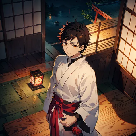 the anime, (Best Quality), ((1 adult boy)), Akaza (Hakuji) AB: kimetsu no yaiba, stands near the altar in a Japanese temple, (Night landscape in a Japanese temple), ((Ultra-short black hair)), ((Impassive brown eyes)), japanese clothes, white kimono, a wai...