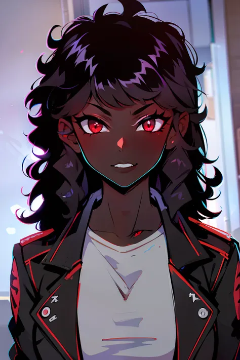 female, black skin,curly black hair, red eyes, vampire, jacket, black skin tone