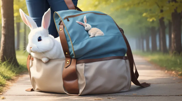 There is a pet rabbit in the canvas bag