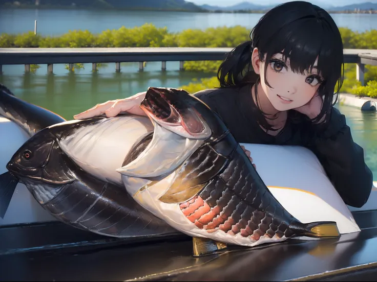 ((((Catch a big black bass by the lakeside:1.5)))),((1 Female 22 years old))((Best Quality, masterpiece :1.5)),(((Hands with the correct number and structure of fingers:1.4))),hight resolution,ultra-detailliert,​masterpiece,best qualtiy,,Black hair, long e...