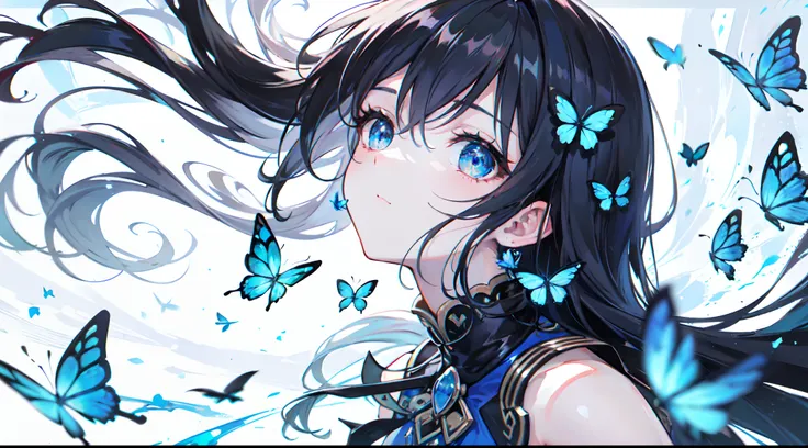 High detailed, best quality, masterpiece, highres, 16k, uhd, 1maturegirl, long hair, floating hair, black hair, expressive hair, beautiful detailed eyes, blue eyes, dynamic angle, anatomically correct, blue butterfly flying in scenary,