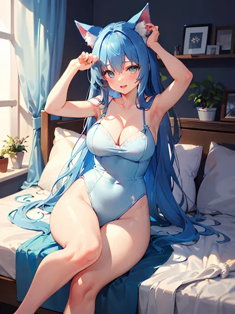 ((Masterpiece, Best quality)), (1girll), ((blue long hair)),（Blue cat ears 1.5）cleavage, Curvy, （Naked 1.8）is shy，Bedrooms，Fork legs