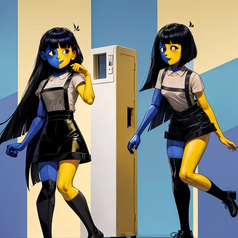 ena (joel g), split color body (blue on right, yellow on left), white t-shirt, black skirt with overall straps, 1girl, black soc...