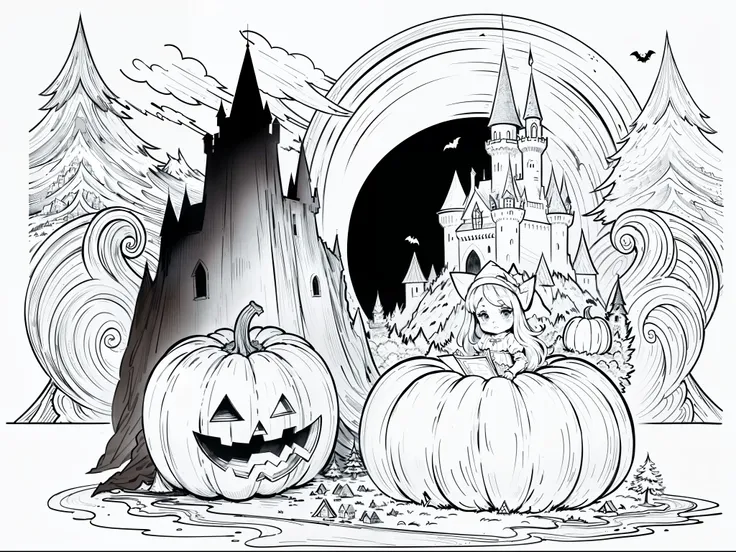 "Create black and white line art, Kids Coloring, A page of a Halloween book with a witch making a pumpkin castle in a mountain pathway.., Clean white background, high-res.