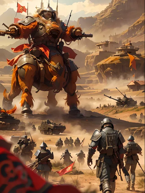 Future Battlefield, Alien Civilization War, Gunsmoke fills, A red flag was planted on a small mound, Soldiers in Chinese armor, full armour, The background is the army of the SA, The picture is stunning, Magnificent, Magnificent, in the style of futuristic...