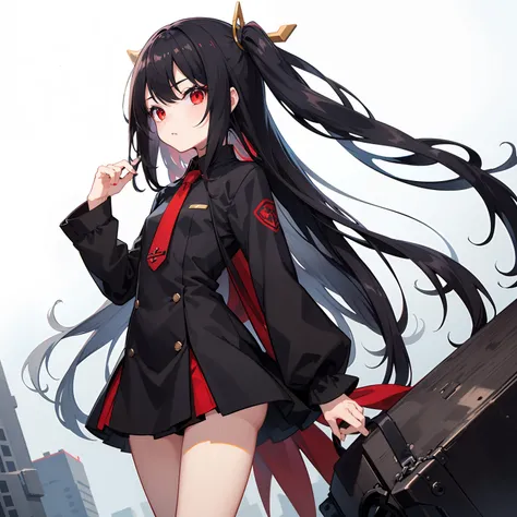 a loli with long black hair, red eyes, small body, standing, black suit