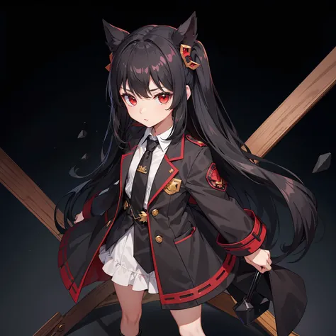 a loli with long black hair, red eyes, small body, standing, black suit