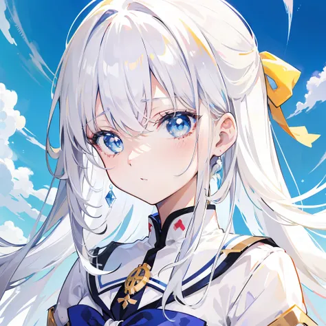 Relatively relaxed background，Creamy white hair，Blue pupils，Two semi-circular collars with yellow edges and milky breaths，Wear the magical school student uniform that matches white and blue，She is a beautiful anime high school girl,  anime style like fate/...