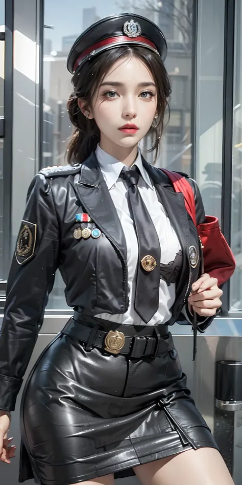 photorealistic, high resolution, soft light,1women, solo, hips up, (detailed face),tattoo, jewelry, badge, necktie, german/(military uniform/), pencil skirt