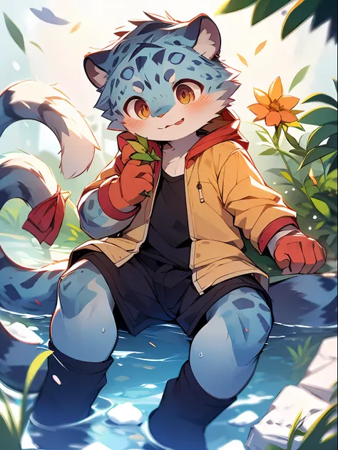 Masterpiece, Best quality, Perfect anatomy, Watery eyes, author：Milk Tiger 1145, author：K0bit0wani, Furry, ((snow leopard)), (Phyllis:0.3), Muscular male, Solo, wears, baggy clothes, wet fur, (Translucent raincoat:1.1), (holding flower:1.1), Lying, birds e...