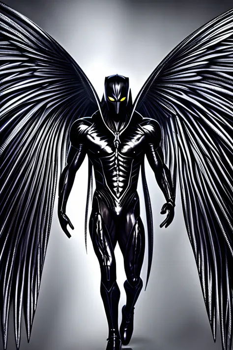 a black (noir) faceless humanoid male with giant wings, semi naked, muscular, in a colorful garden, garden background, horror en...