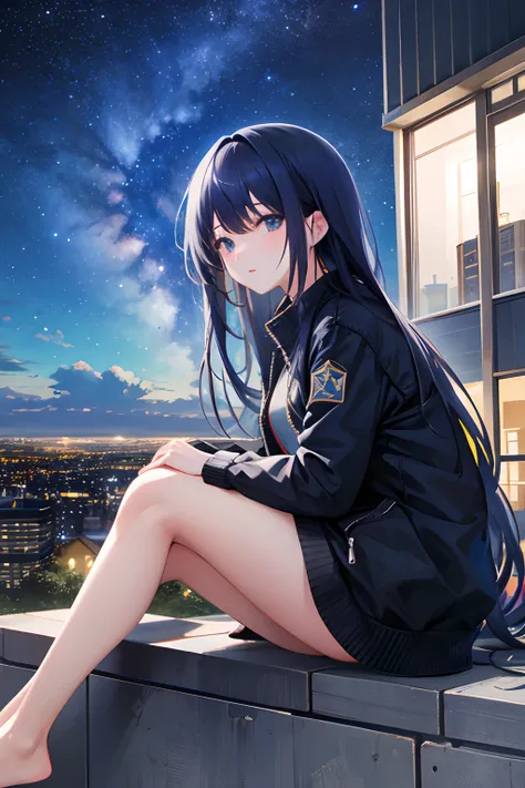 octans, sky, star (sky), scenery, starry sky, night, 1girl, night sky, solo, outdoors, building, cloud, milky way, sitting, tree, long hair, city, silhouette, cityscape