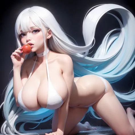 high image, super detail, high resolution, anime, manga, illustration, eating fruit with a mouthful, intelligent beauty, baby face, make up, ecstatic expression, amorous expression, seductive look, flowing layered messy white glossy medium short wavy hair,...