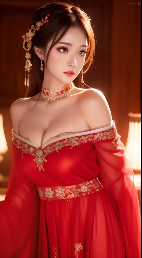 best qualtiy，tmasterpiece，A high resolution，1girll，Red floral nightdress，Red nightdress，Nightdress，hair adornments，choker necklace，jewely，beautiful  face，Red high-gloss lipstick，Physically，Dingdall effect，realisticlying，Dark Studio，edge lit，twotonelighting...