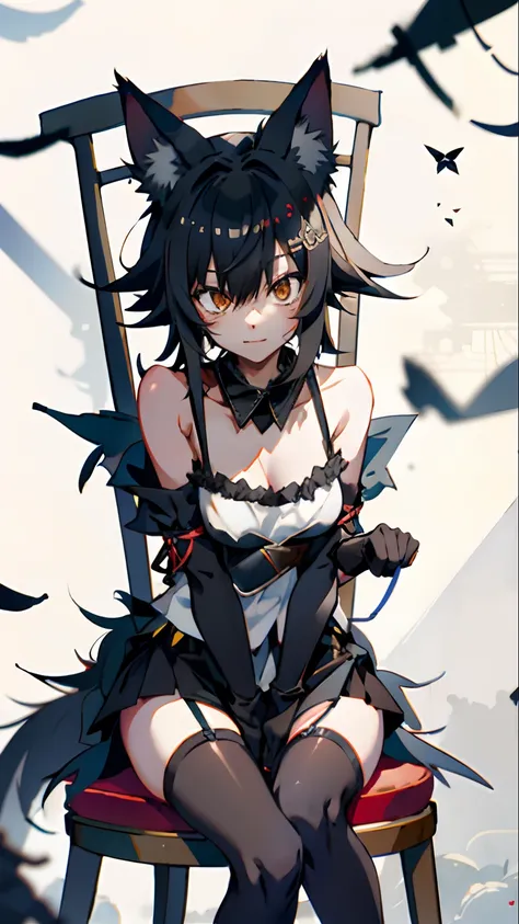 whaite hair，black ears，teenage fox girl，sit on chair，black toga