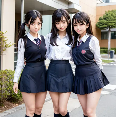 three girls in school uniforms posing for a picture, wearing japanese school uniform, japan school uniform, japanese girl school...