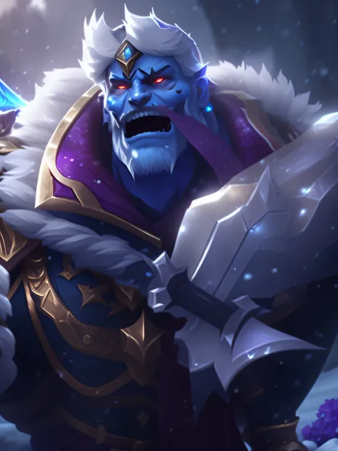 Close-up of a man holding a sword in the snow, Thertrevkaiser, League of Legends character, Splash Art, from league of legends, Silas, raziel irl, amazing portrait of viego, freezing blue skin, astri lohne, league of legends arcane, Official Splash Art, ar...