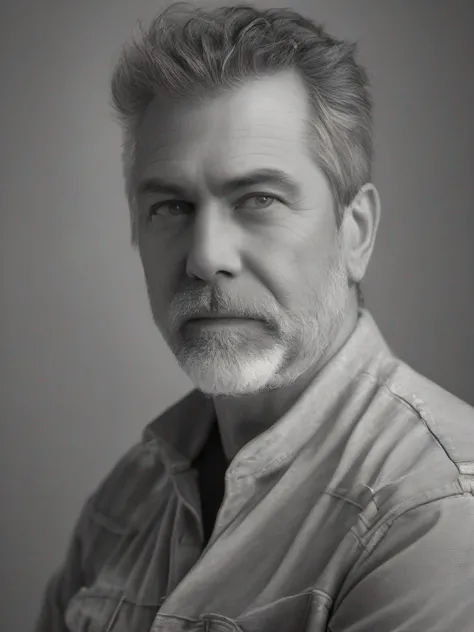 Black and white photograph of 50-year-old male designer, 3/4 side face::8, social media portrait photography style, gray background, portrait in soft light, Hasbrook H6D-400C