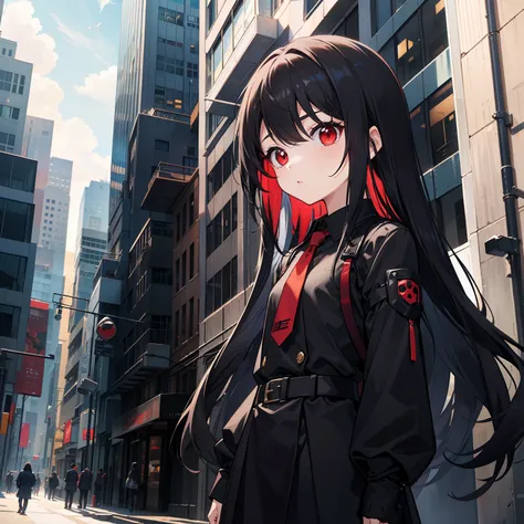 a loli with long black hair, red eyes, small body, black suit, standing, buildings scenery