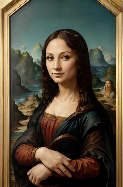 retrato de uma linda mulher, Image of a painting of a woman with one hand on her chest, pele real, pele detalhada, cabelo real, detalhe fio de cabelo, A Mona Lisa, Mona Lisa fotografia, Mona Lisa como uma pessoa real, Retrato da Mona Lisa, similar to the m...