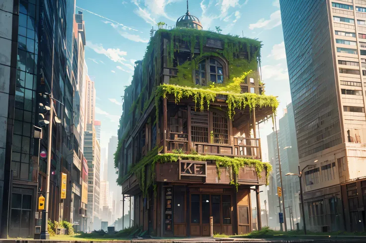 Abandoned metropolis，Abandoned, com cores neutras,cinema shot,the complex background，Crippled city，Dilapidated city，No Man，The city is full of moss，The streets grew shrubs，The beast shuttles through the city， (A high resolution), (8K), (extremely higly det...