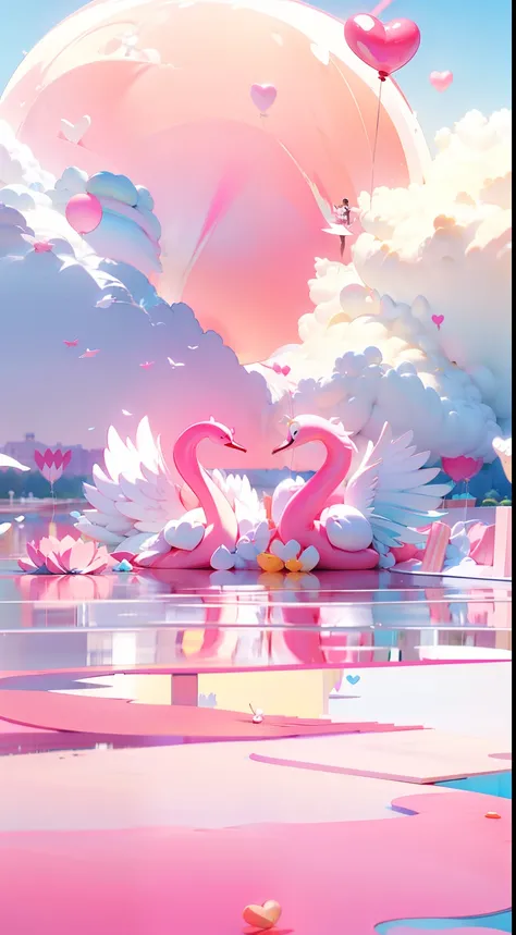 Anime scenery of pink swans floating in a lake with pink heart-shaped balloons, concept art of love, 3 d render beeple, trending on cgstation, 3 d render stylized, artem demura beeple, Beautiful digital artwork, recusion beeple, trending on artstation 4k, ...