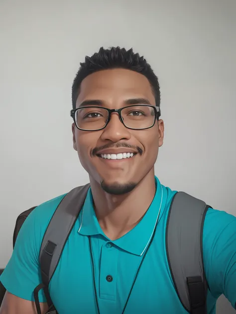 Theres a black man with a backpack and glasses smiling at the camera, with nerdy glasses and goatee, with glasses and goatee, andrew thomas huang, Fotografia selfie 8k, foto de perfil profissional, Streamer do Twitch / Jogador Ludwig, Markiplier, Retrato t...