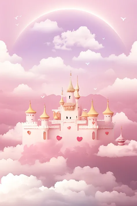 There is cake on the table in the clouds, fairy tale style background, stunning arcanum backdrop, Magical cloudy background, palace background, palace floating in heaven, paradise background, ballroom background, pink fog background, lie on white clouds fa...