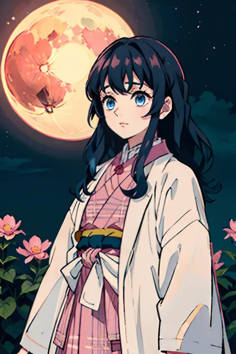 Kimetsu no Yaiba style, 1girl, Medium curly hair,  Sloppy hair, navy blue hair, Two curly strands in front, Bangs, blue eyes,  japanese clothes, ((Open white coat in a pink check)), ((pink hem at the waist)), short skirt, 独奏,  ((portraite of a)), ((Masterp...