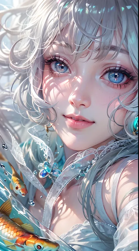 Best quality, Masterpiece, (Realistic:1.2), 1 girl, Detailed face, Beautiful eyes, [(Transparent background:1.5)::5],(((Masterpiece))),(((Best quality))),(((Extremely detailed))),illustration, 1girll,Solo,mysterious,vivd colour, Shiny, Underwater transpare...