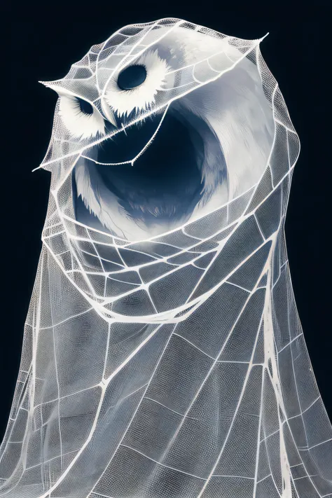 cobweb wrap on a body of a white owl against a black background, simple background, minimalist images, photography installations, paleocore,  hyper-realistic, poetic intimacy, no crop