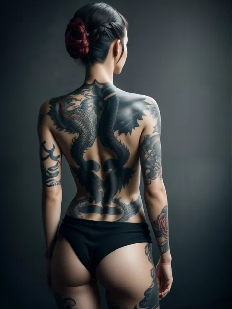 portraying a girl with dragon tattoo on her back. backless attire. amazing dragon tattoo. Crazy tattoo maker Background. Ultra-Realistic, HD, Hi-Res, 4K, 8K, Photography, Full Photo, Full Image, Sharp, Detailed.