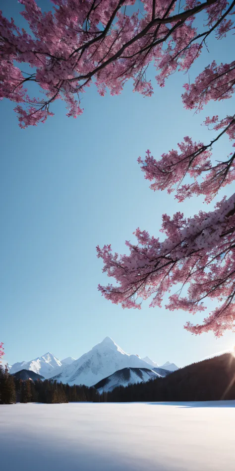 tmasterpiece，Best quality at best，high qulity，非常详细的 CG 统一 8k 壁纸，stillness，Cold climate，Peaceful beauty，snow mountains，Yuki，lakes，Winters，tree branch，Bokeh，Depth field, hdr, full bloom, color difference, Photorealistic, Extremely detailed, Popular on artsta...